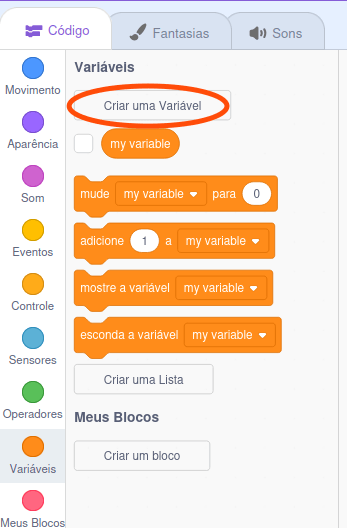 Onde fica o botão 'Criar uma Variável'